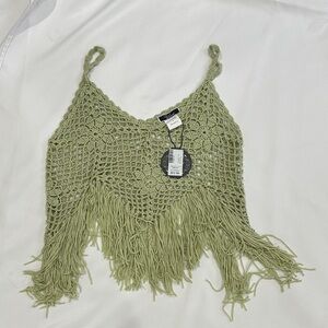 Elegant Crochet Camisole with Fringe in Sage